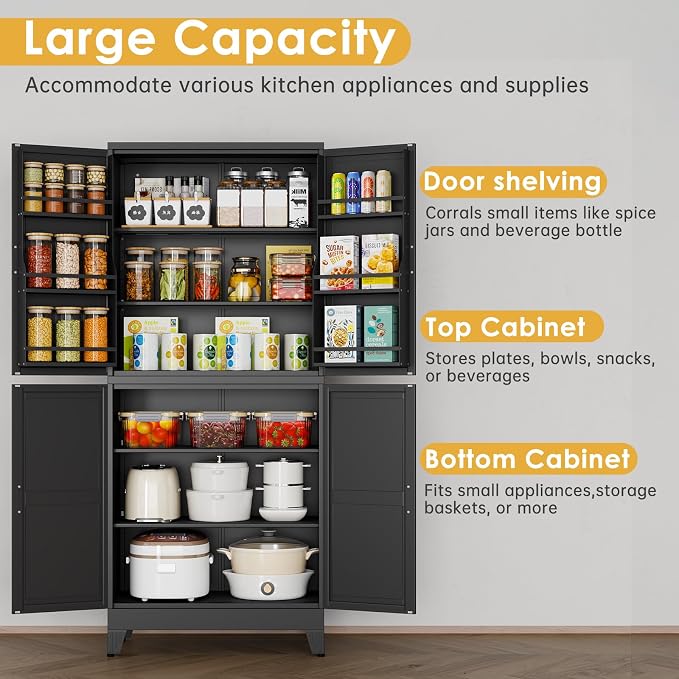 75" Tall Metal Kitchen Pantry Storage Cabinet, Freestanding Cupboard Storage Cabinet with 4 Doors and 4 Adjustable Shelves, Large Stand Up Food Cupboard for Dinning Room, Bathroom（Black）