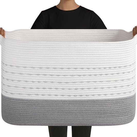 OIAHOMY 108L Extra Large Blanket Basket, 25”x16”x16” Rectangle Woven Cotton Rope Baskets for Living Room, Toy Storage with Handle- Gradient Grey