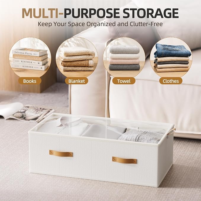 FHSQX 4 Pack Under Bed Storage Bins,10 Inch Tall,White, 31.5x15.8x10 inch | Clear Window, For Closet, Bed Sheets and Blankets