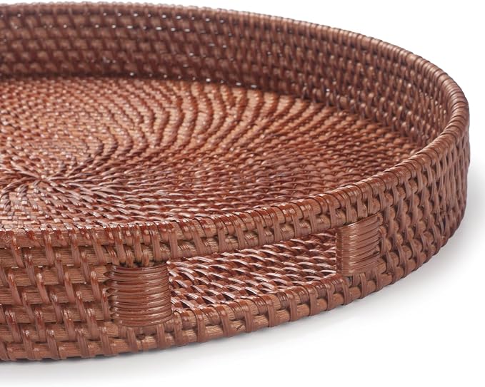 16.9 inch Round Rattan Tray, Woven Large Serving Tray with Handles, Wicker Serving Basket, Coffee Table Decor for Living Room, Reddish-Brown