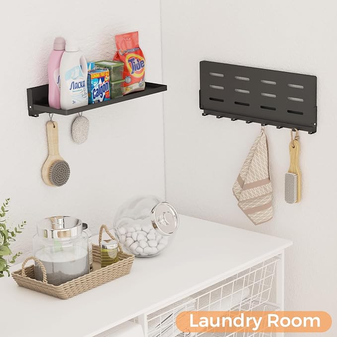Folding Shelf with Hooks Wall Mount, Laundry Room Metal Shelves, Fold Up 90° and 8 Hooks, Foldable Storage Wall Shelf for Rv, Utility Room, Garage, Space Saving, Black（17.0", 2 Pack）