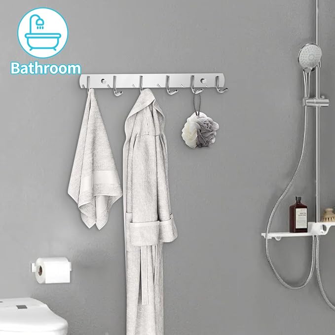 Coat Rack Wall Mount, 2Pack 6 Hooks Stainless Steel Towel Hooks | Easy-to-install 6-hook wall-mounted hooks suitable for bathrooms, kitchens and garages