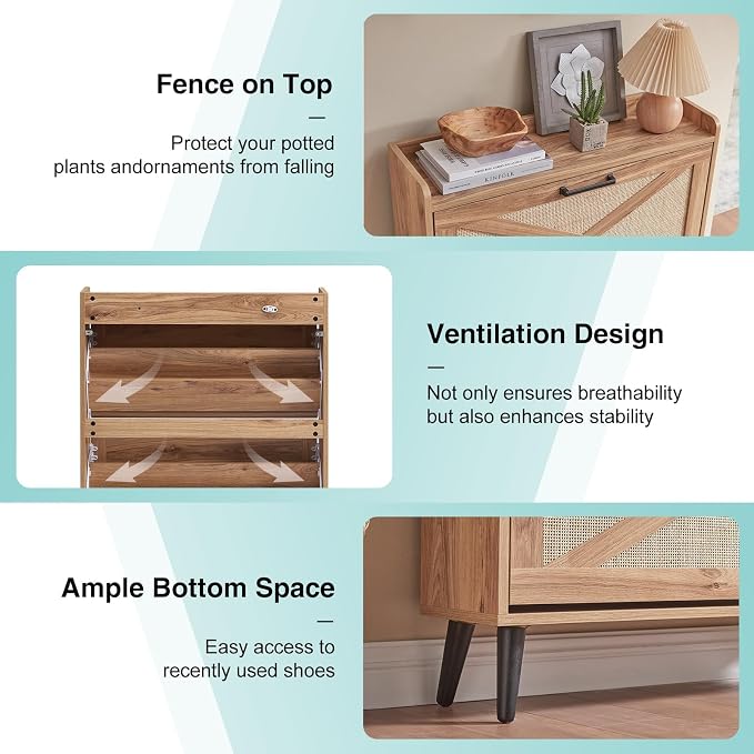 Barnyatoh Farmhouse Shoe Storage Cabinet with 2 Flip Drawers & Rattan Door | Freestanding Hidden Slim Narrow Shoe Rack, Adjustable Shelves,Wood Shoes Organizer for Entryway,Foyer,Hallway, Boho, Natural