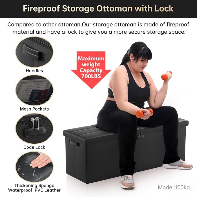 ENGPOW Storage Ottoman, Fireproof Folding Bench with Lock(15”x 43”x15”), Water-Resistant ＆ Heat Insulation Large Storage Chest with Handles＆2 Extra Boxes Safe for Living Room, Bedroom, Home, Black