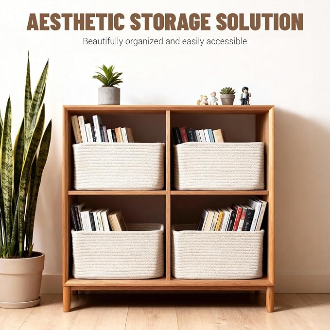 5 Pack White Woven Storage Baskets for Shelves, Decorative Basket Organizer Storage Bins for Toys, Books, Clothes, Closet, Nursery, Bathroom – Cotton Rope Shelf Baskets for Organizing and Decor
