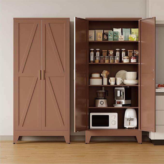COFaR 71'' Tall Metal Storage Cabinet, Farmhouse Kitchen Pantry Cabinet with Doors and 4 Adjustable Shelves, Brown Metal Cabinets for Garage, Kitchen, Bathroom, Laundry, 5-Tier