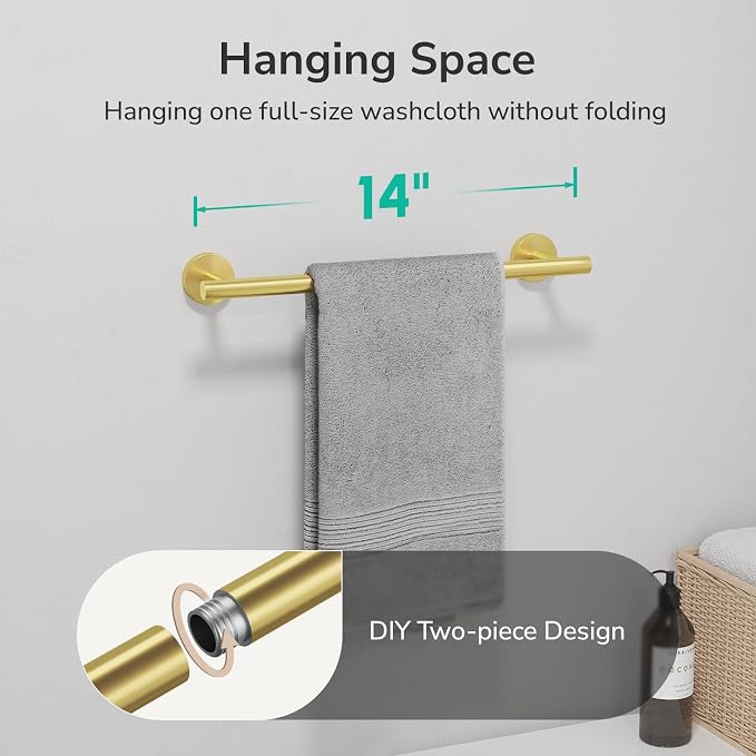 USHOWER Light Gold Towel Bar, 14-Inch Towel Racks for Bathroom | Thicken SUS304 Stainless Steel Towel Rod, Towel Holder Wall-Mounted, Modern Home Decor (Total Length 16-Inch)