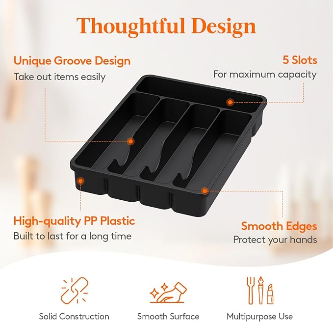 Lifewit Silverware Drawer Organizer Tray, Plastic Cutlery Storage for Kitchen, Flatware and Utensil Holder Divider for Spoons Forks Knives Tableware, 9.1 x 12.6", 5 Slots, Black