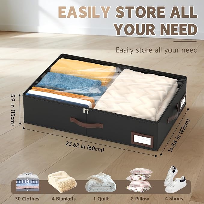 OIAHOMY 2 Pack Under Bed Storage with Handles, Underbed Container for Bedroom & Closet, Fits Beds Higher than 6", Under the Bed Storage for Seasonal Clothes, Blankets & Shoes - Black