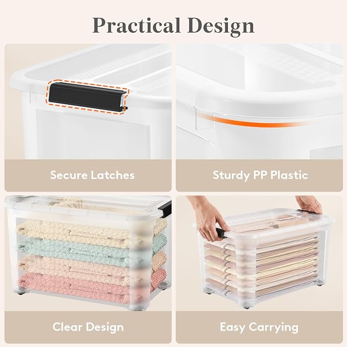 Lifewit 34Qt Storage Bins with Lids, Plastic Large Latches Boxes with Wheels, Clear Totes Tubs Container for Closet Organizers and Storage, Bedroom, Clothes, Craft, 6 Pcs
