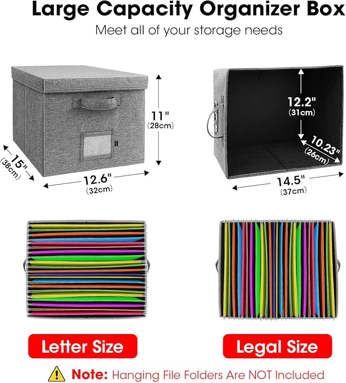 File Organizer Boxes with Lid, Linen Hanging File Storage Boxes with Handle, Collapsible Document Filling Boxes for Letter/Legal Folder, Portable File Box for Office/Decor/Home (2 Pack, Gery)