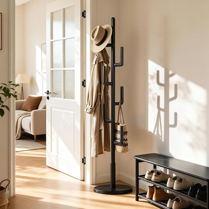 Coat Rack,Solid Wood Cactus Freestanding Coat RackWith 6 L-Shaped Hooks and 3 Adjustable Sizes,Coat Tree for Bedroom, Entryway, Livingroom, Coat Hanger Stand for Coats, Handbags (Black)