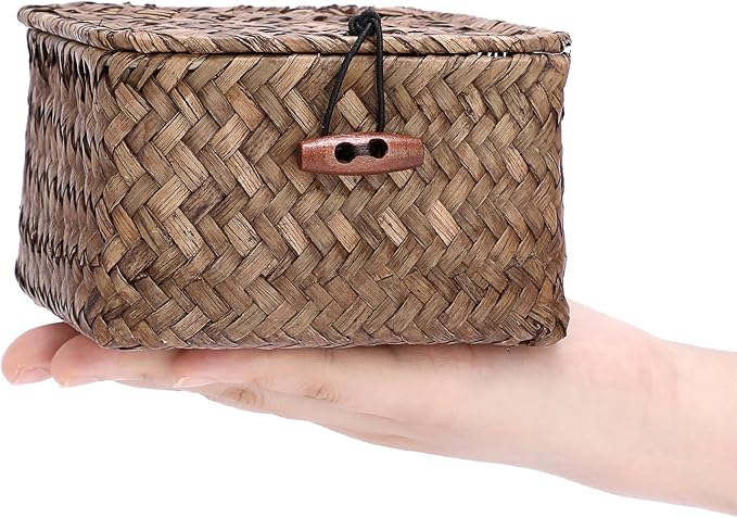 Wicker Basket with Lid Natural Seagrass Storage Box,4.7x 4.7x2.7" | Square Handwoven Basket Box for Shelf, Multipurpose Desktop Organizer Bin for Keys, Candy, Coin