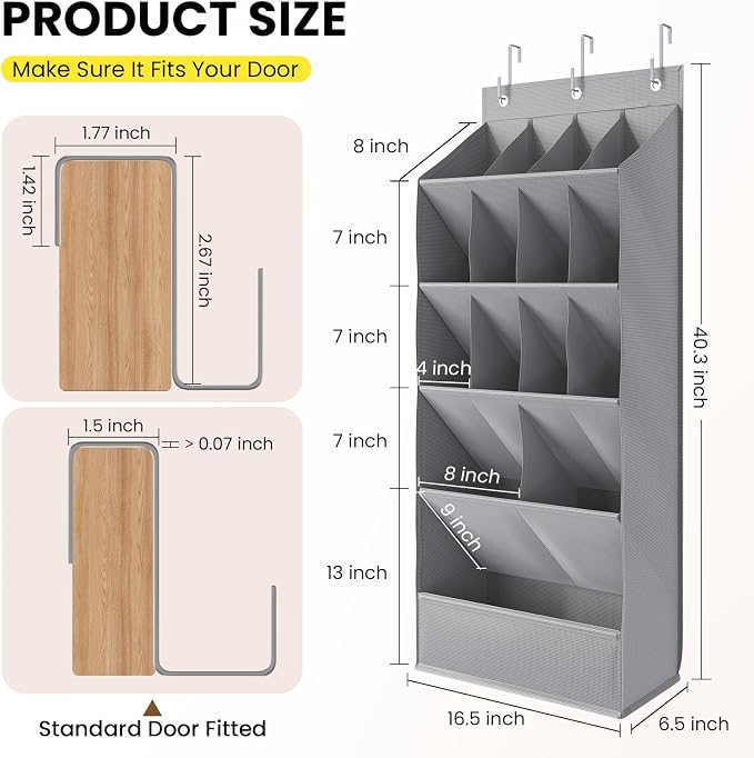 Mefirt Over the Door Shoe Rack for Closet Fit 18+ Pairs, Door Shoe Organizer with Large Breathable Pockets, Hanging Shoes Rack Fit Boots, Behind the Door Shoe Holder for Categorized Storage, Grey ﻿