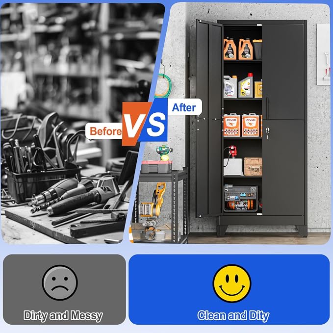 GAIOUS Tall Metal Storage Cabinet with Lock, 2 Doors Freestanding Steel Bookcase with Adjustable Shelves, Heavy Duty Lockable Office Filing Cabinet, Home Garage Utility Pantry Organizer Cabinet, Black