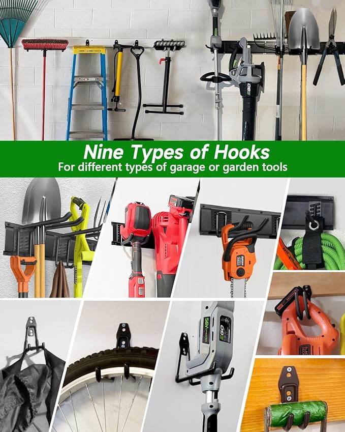 PIYILO Garden Tool Organizer 48 inches with 18 Garage Wall Hooks in 9 Types | Thick Alloy Steel, Adjustable Hooks, Wear & Tear Resistant, Soft Anti-Scratch Hook Sleeves, For Yard Tools, Shovels, Shed