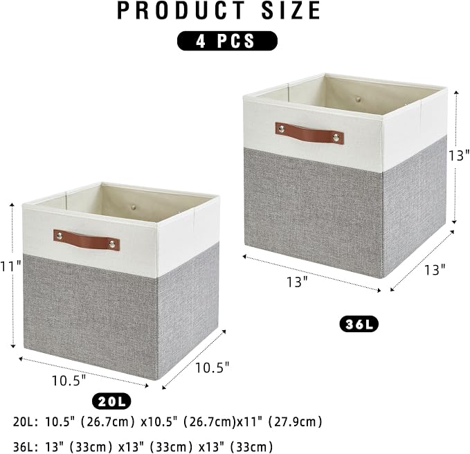 Bagnizer Collapsible Fabric Storage Cube Bins with 2 Reinforced PU Handles, Foldable Storage Organizer Baskets for Closet, Shelves, Living Room | 11"x11"x11", 4 Pack, Gray & White