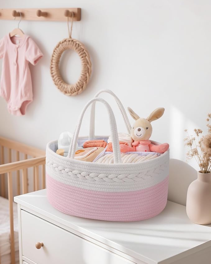 Maliton Diaper Caddy for Baby Girl-Cotton Rope Diaper Caddy, Diaper Organizer for Changing Table, Portable Baby Basket for Storage Baby Stuff, Newborn boy girl baby essentials Registry Items