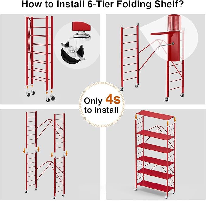 Himix 6-Tier Expandable Storage Shelves Wheels Foldable Shelf Garage Red | Folding shelving units, Metal collapsible organization, Changeable into 2 shelf units, Adjustable, Basement, Holds 3600 Ibs