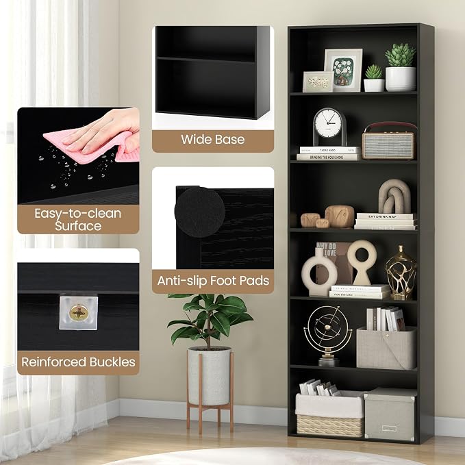 Giantex 6-Tier Bookcase, 70" Tall Wooden Bookshelf, Freestanding Storage Organizer w/Open Shelves, Anti-Tipping Kits, Modern Floor Standing Display Shelves for Living Room, Bedroom (1,Black)