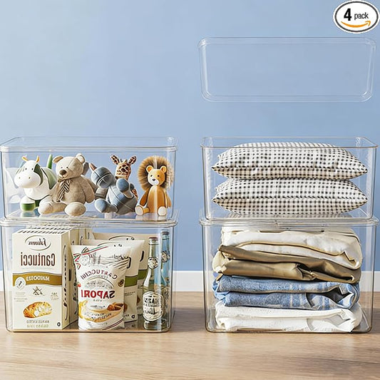 Clear plastic storage bins with LIDS,storage containers for snacks, cosmetics, books, dog food, Storage Organizer for Nursery，Kitchen, Living room,Bedroom, Bathroom, Office(clear, 2XL+2L)