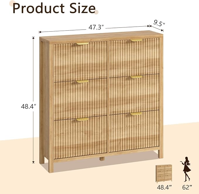 47" Fluted Shoe Cabinet Storage with 6 Flip Drawers for Entryway, Hallway | Slim Shoe Rack Freestanding Wooden Shoe Organizer with Legs for Hallway, Living Room, Oak