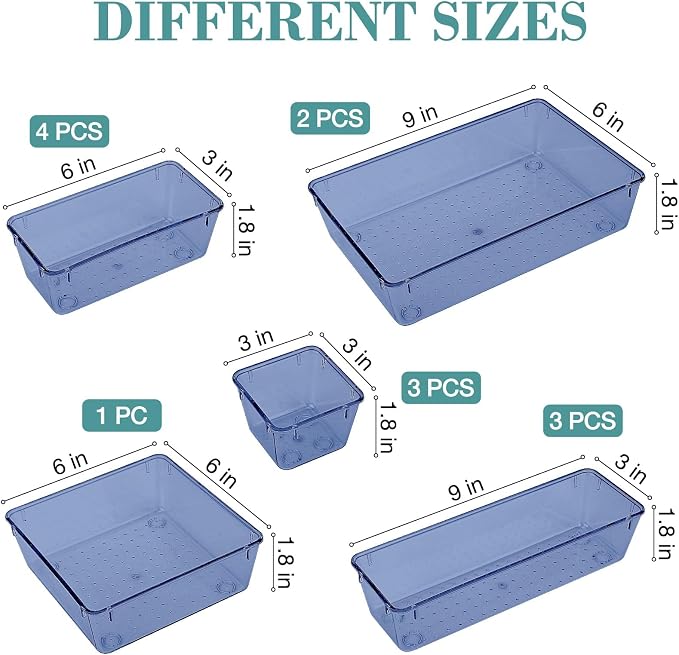 13 PCS Drawer Organizer Set, 5 Size Bathroom and kitchen organizer Trays | Bathroom and kitchen Drawer cabinet organizer Trays, Clear Storage Bins for Makeup, Jewelry, Utensils and Gadgets