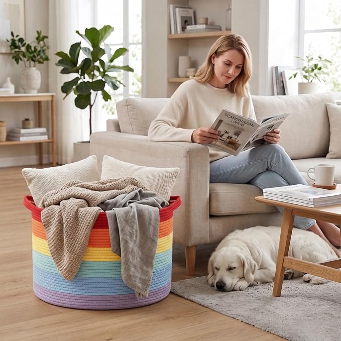 115L Large Blanket Basket,Rope Woven Laundry Basket-Rainbow | Collapsible, reinforced handles, nursery storage bin organizes clothes, toys and pillows for living room, bedroom bathroom