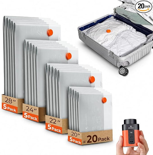 ETENWOLF 20 Combo Vacuum Storage Bags for Travel with Wireless Pump | Vacuum Seal Bags for Clothing Travel, Compression Packing Bags for Clothes and Blankets, Space Saver Bags in Carry-On Sizes