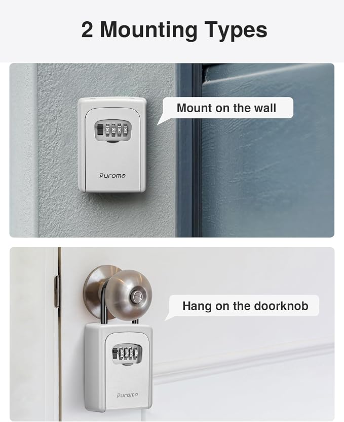 Puroma Lock Box, Large Key Lock Box Resettable Combination Code Lockbox, Portable Wall Mount Lockbox Security Safe Box for Outside Outdoor Home Office Door Handle House Key, Silver (1 Pack)