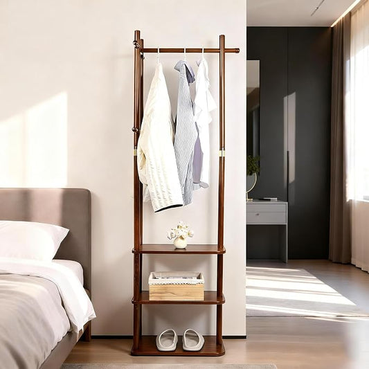 Wood Coat Rack Freestanding Clothing Rack with 3 Shelves and 5 Hooks | Heavy Duty Coat Tree Garment Rack Coat Hanger Stand for Corner Entryways Living Rooms and Bedrooms, Walnut