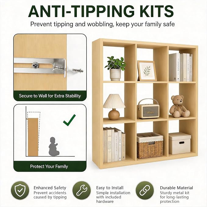 CTESNE【Wooden Thick Frame 9 Cube Storage Organizer Shelf with Anti-Tipping Kits + Reversible Open Back Bookcase, Horizontal and Vertical Dual-use Standing Bookshelf（Oak,13inch）