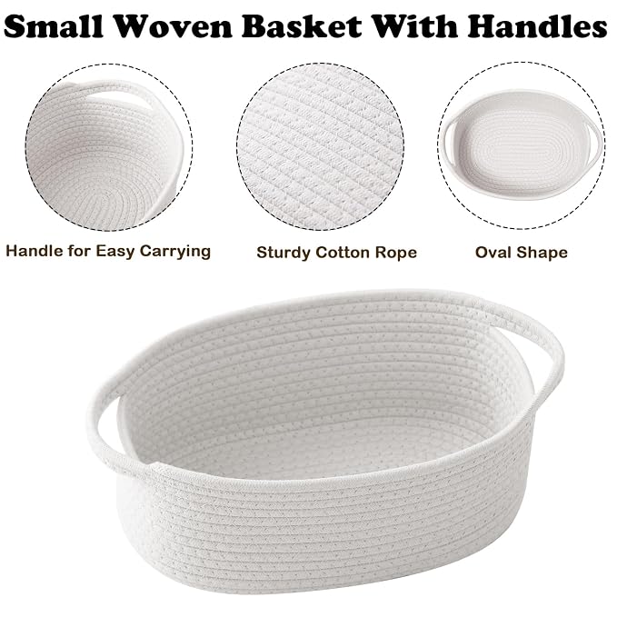 White Woven Rope Basket,Baby Gift Basket with Bag & Ribbon | Cotton rope with handle, 12x8x5 in, gift bag and ribbon, for baby shower, birthday, toy storage, nursery, shelf decor