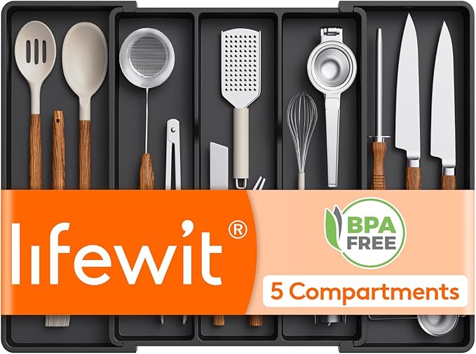 Lifewit Utensil Organizer for Kitchen Drawers, Expandable Cooking Utensil Tray, Adjustable Cutlery Silverware Flatware Holder, Plastic Spatula Tools Storage Divider, 16- 28 x 18.5", Black