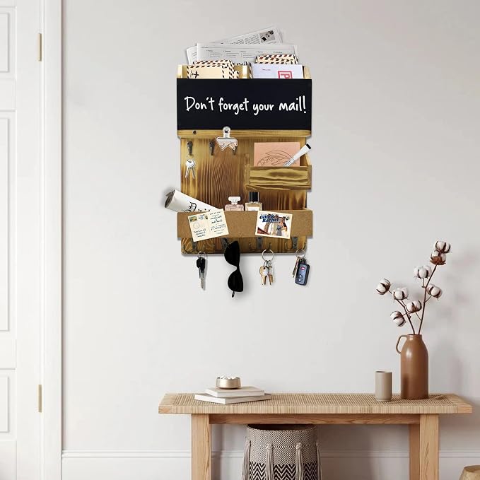 Mail Organizer Wall Mount，Key Holder Mail and Key Organizer for Wall with Shelf, Chalkboard, Corkboard, Home Decor for Room Office Entryway(Light Wood)