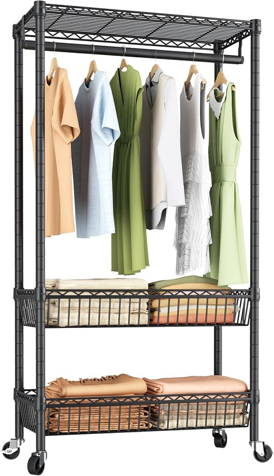Golpart Heavy Duty Rolling Clothes Rack Wheels Portable Metal Garment Rack | Wardrobe Adjustable Wire Shelving Metal Double Clothing Racks for Hanging Clothes Organizer Closet Laundry Room Organization