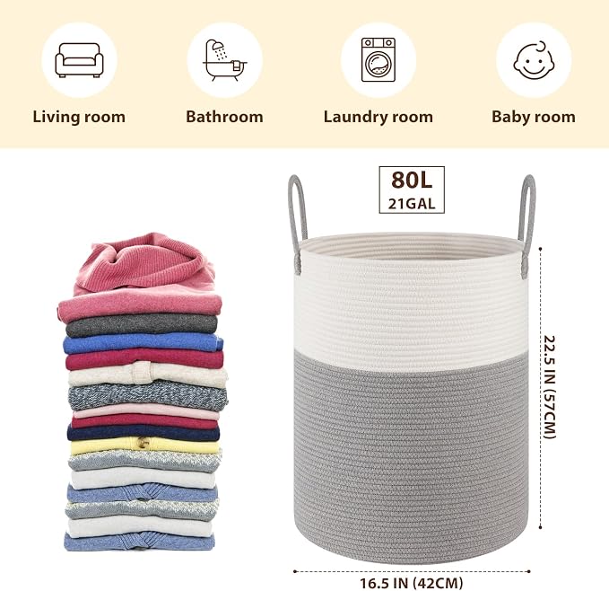 OIAHOMY Large Laundry Basket Hamper - 80L Cotton Rope Woven Basket for Blankets, Toys, Clothes - Tall Decorative Nursery Hamper with Long Handles, Grey/White