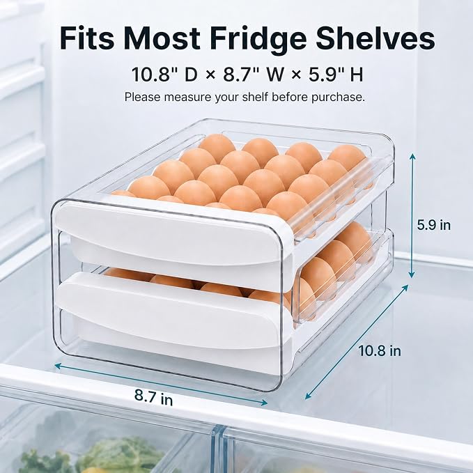 Egg Holder for Fridge, 40-Count Egg Organizer for Refrigerator with Drawers