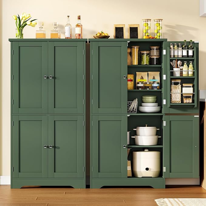 51" H Pantry Cabinet with 4 Doors, Kitchen Cabinet with 6 Door Shelves, Kitchen Pantry for Living Room, Dining Room, Bathroom, Green