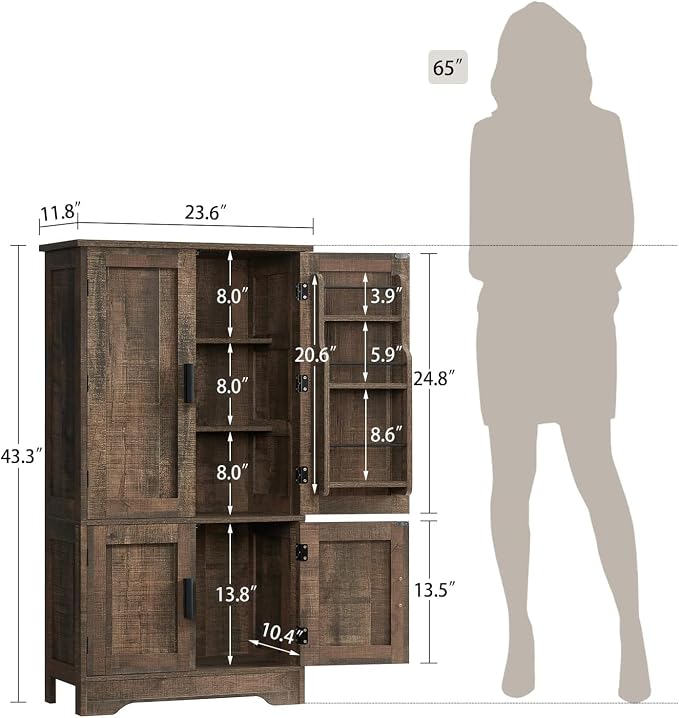 Storage Cabinet with 4 Doors, 43.3" H Farmhouse Kitchen Cabinet with 6 Door Shelves, Kitchen Storage Cabinets with Adjustable Shelves, for Living Room, Antique Oak