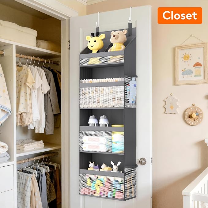 Lifewit 4 Tier Over the Door Diaper Organizer for Nursery, Large Heavy Duty Hanging Storage with 4 Mesh Side Pockets, Sturdy Back of Door Shelf for Baby Stuff Toy in Pantry, Laundry, Bathroom, Gray