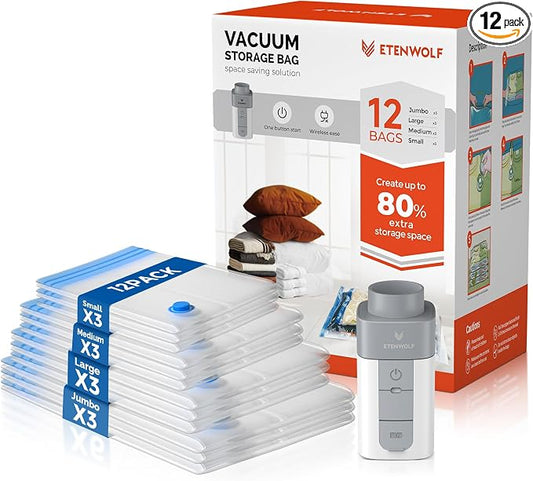 ETENWOLF 12 Combo Vacuum Storage Bags for Travel with Wireless Pump | Vacuum Seal Bags for Clothing Travel, Compression Packing Bags for Clothes and Blankets, Space Saver Bags in Carry-On Sizes