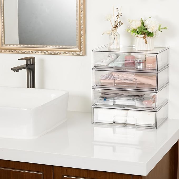 Vtopmart Clear Stackable Storage Drawers, 2 Pack Wide Plastic Organizers | Clear Pull-Out Plastic Drawers, Stackable Design for Makeup Palettes, Cosmetics, Beauty Supplies, Vanity, Cabinet and Desk