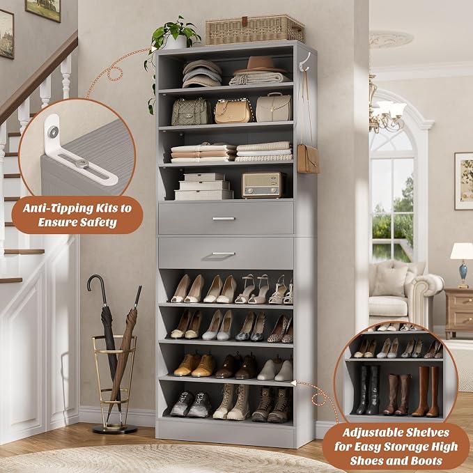 Aheaplus Tall Shoe Cabinet, 10 Tiers Wood Shoe Rack, Vertical Shoe Storage Organizer with 2 Drawers, Narrow Shoe Shelf Tower for 24-28 Pairs, Space Saving, for Closet, Entryway, Bedroom, Grey