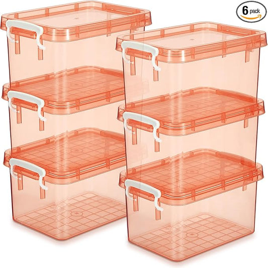 6 Pack Colorful Plastic Storage Bins with Lids 4 Quart Small Storage Latch Box Stackable and Nestable Clear Organizer Bins with Latching Handle and Buckle for Organizing(Orange)