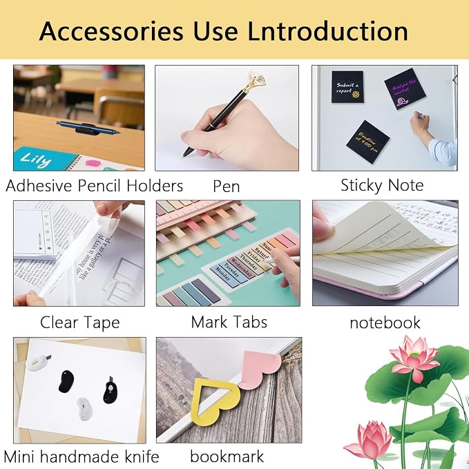 Office Supplies,Desk Accessories,Desk Organizer,Stapler,Tape Dispenser,Folding Phone Holder,Scissors,Notebook,Staple Remover,Staples,Clear Tape,Sticky Notes,Paper Clips,Bookmark,Pen,Pen pals Ect.27pcs