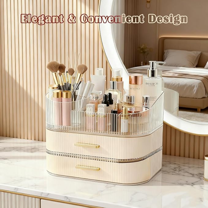 Makeup Organizer for Vanity with Stackable Drawers, 360 Rotating Makeup Brush Holder Large Cosmetic Display Case for Dresser, Bathroom Countertop Skincare Storage, Ideal Gift for Girls (3-layer)