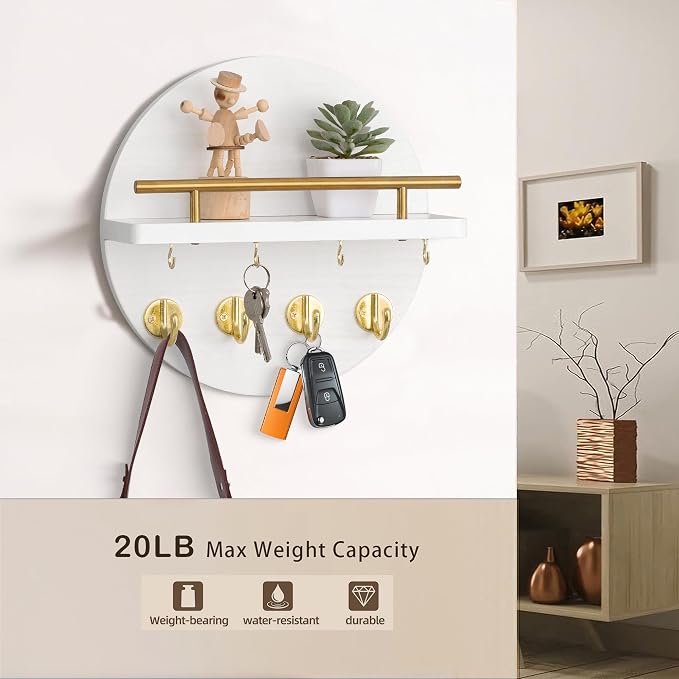 dreampossible Key Holder Wall Mount - 10.2 Inch Decorative Key Rack and Mail Organizer with 8 Key Hooks - Wooden Key Hanger with Shelf for Wall and Home Decor