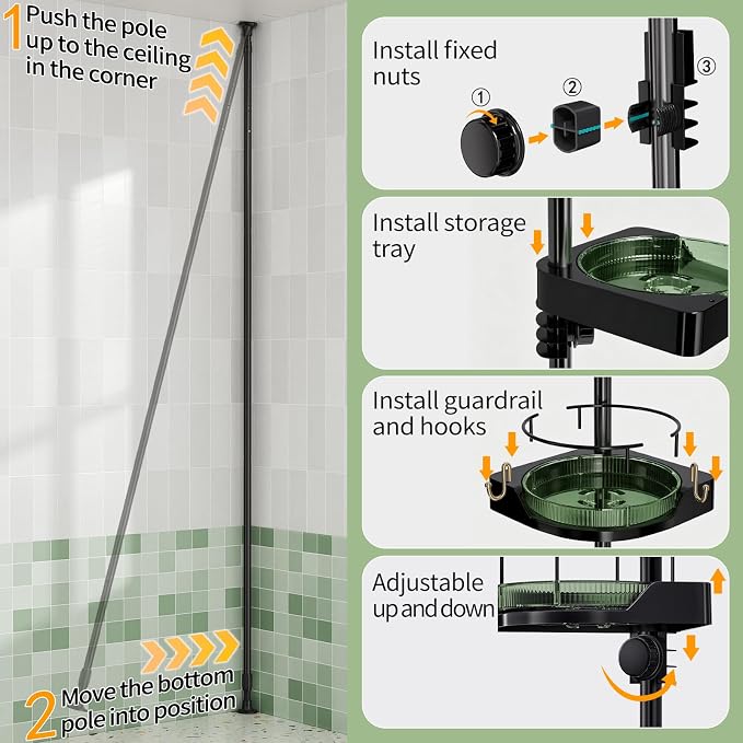 AKINBAS 360° Rotating Shower Caddy Tension Pole with 4-Tier Rustproof Lazy Susan 35-128 Inch No Drilling Coner Shelves Adjustable Shower Rack for Bathroom Bathtub Washbasin Plant Storage (Black+Green)