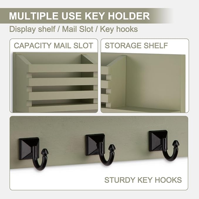 Key Holder Wall Mount, Mail Organizer for Wall with 5 Square Rustic Key Hooks Key Shelf Farmhouse Home Decor for Entryway